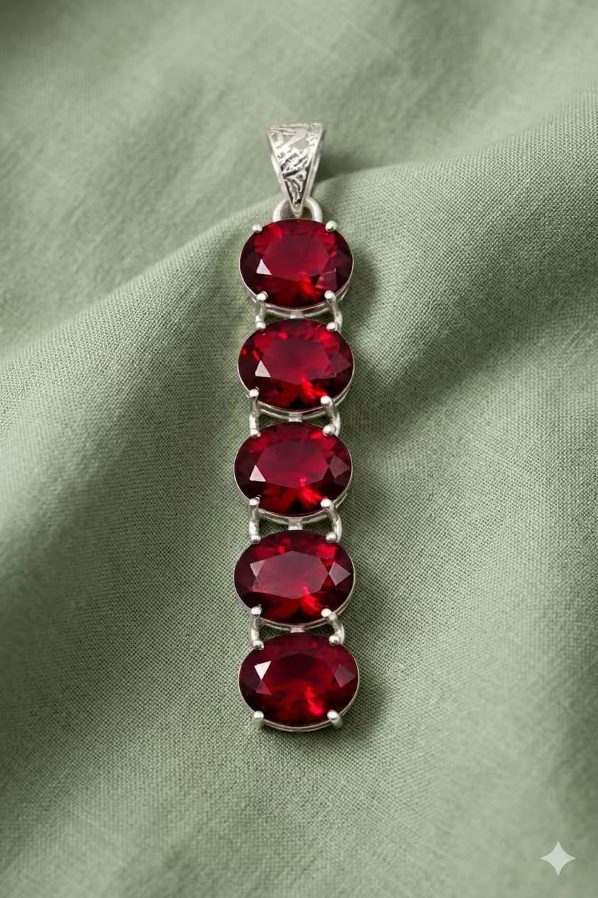 Premium Handcrafted 925 Silver Pendant, Elegant Five-Oval Red Gemstone Drop for Women