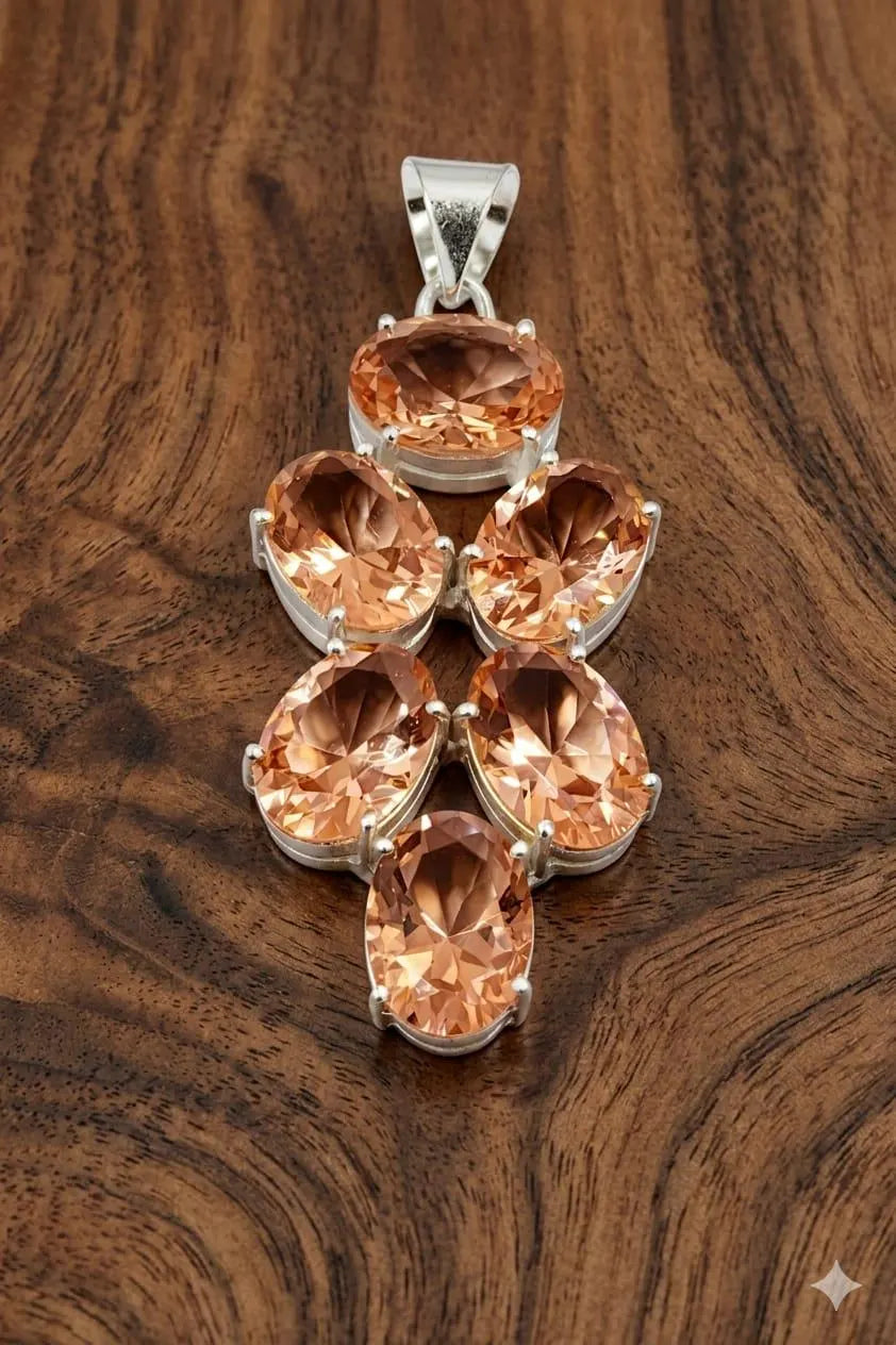 Premium Handcrafted 925 Sterling Silver Pendant with Champagne Oval Gemstones