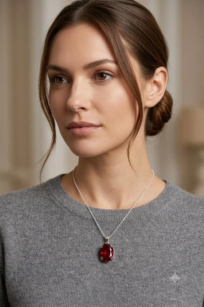 Elegant Oval Deep Red Gemstone Pendant in Polished Silver Setting