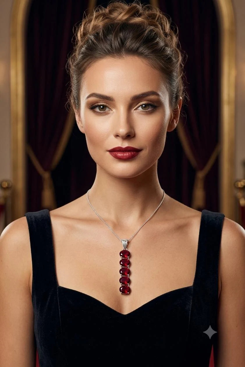 Premium Handcrafted 925 Silver Pendant, Elegant Five-Oval Red Gemstone Drop for Women