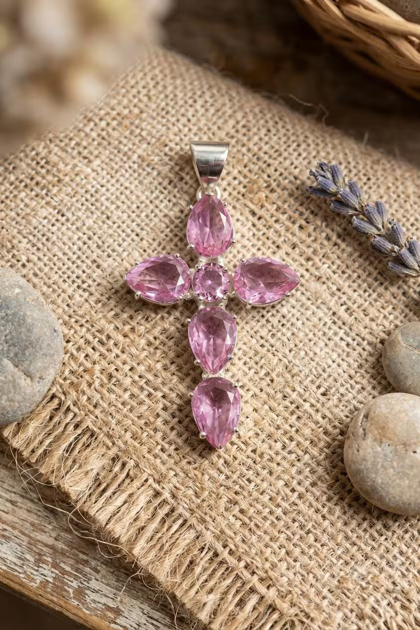 Handcrafted 925 Sterling Silver Pink Gemstone Cross Pendant | Premium Luxury Statement Jewelry