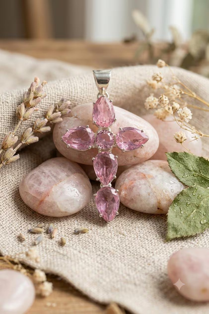 Handcrafted 925 Sterling Silver Pink Gemstone Cross Pendant | Premium Luxury Statement Jewelry