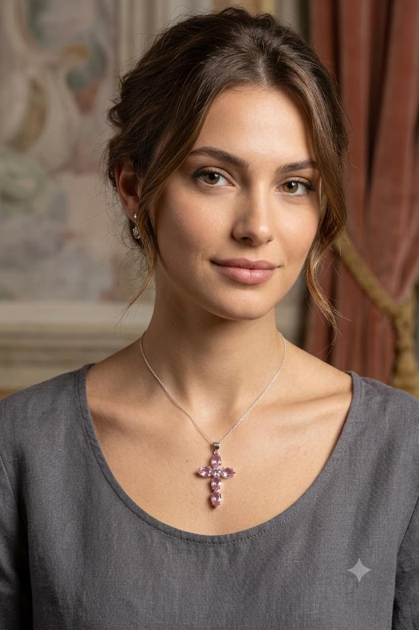 Handcrafted 925 Sterling Silver Pink Gemstone Cross Pendant | Premium Luxury Statement Jewelry