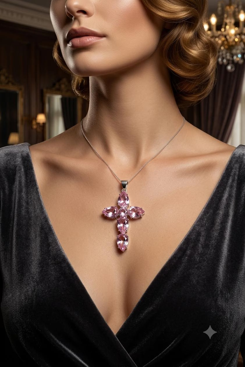 Handcrafted 925 Sterling Silver Pink Gemstone Cross Pendant | Premium Luxury Statement Jewelry