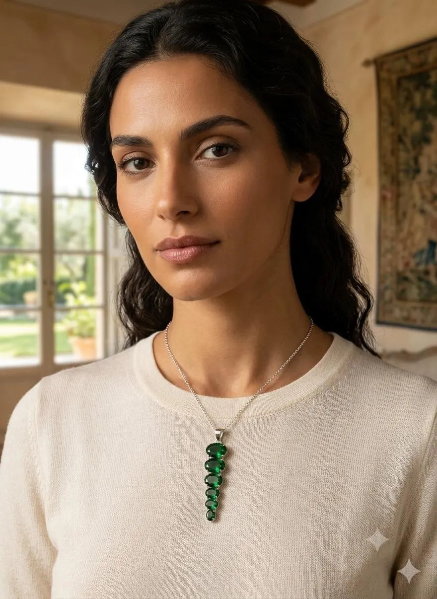 Premium Handcrafted Luxury 925 Sterling Silver Pendant with Graduated Deep Green Gemstones