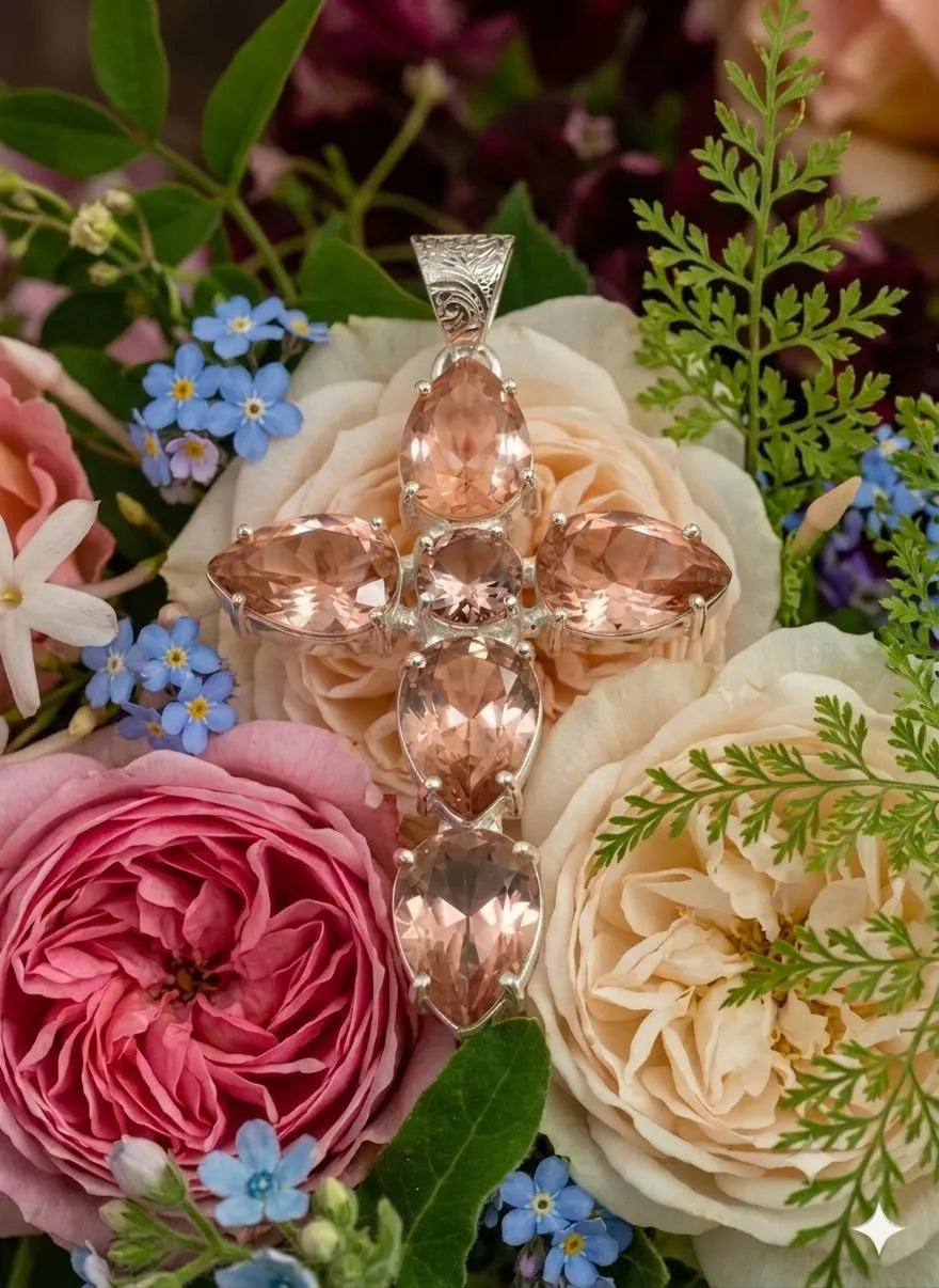 Handcrafted 925 Sterling Silver Peach Gemstone Cross Pendant - Luxury Artisan Jewelry