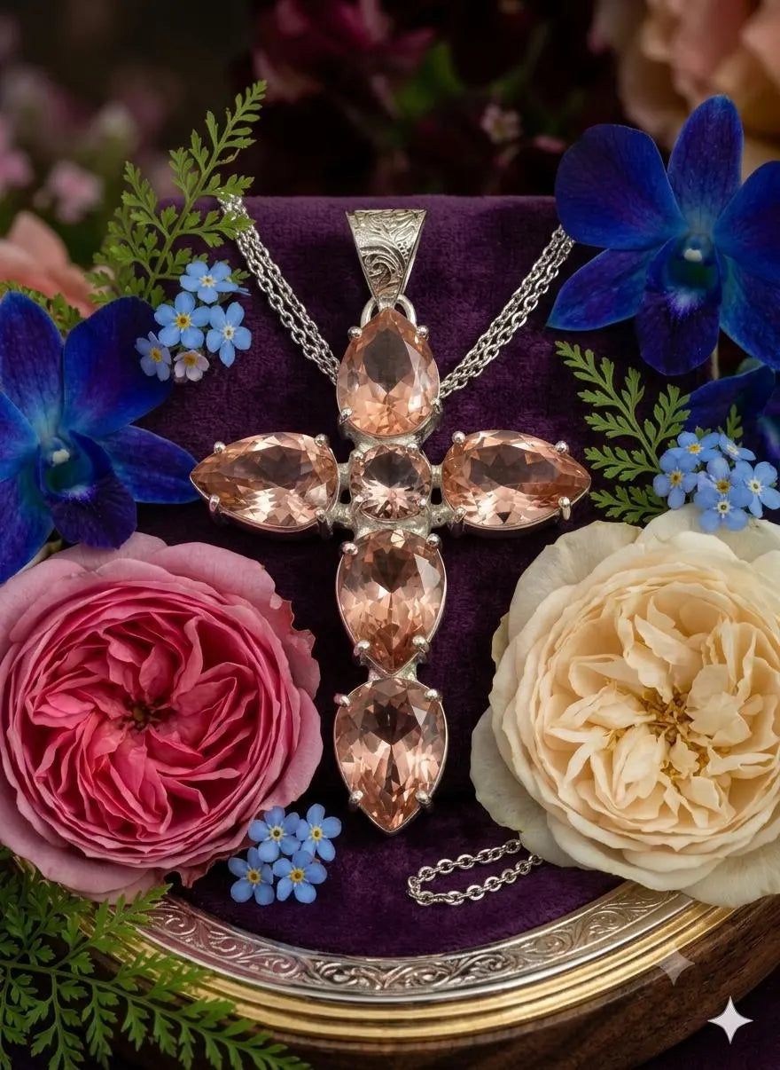Handcrafted 925 Sterling Silver Peach Gemstone Cross Pendant - Luxury Artisan Jewelry