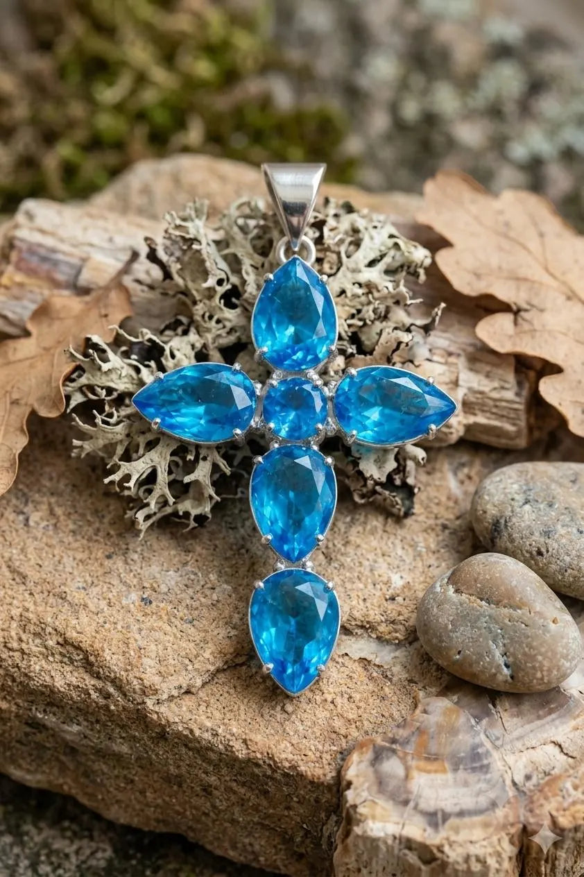 "Handcrafted 925 Sterling Silver Cross Pendant with Pear-Cut Blue Gemstones – Luxury Statement Necklace"