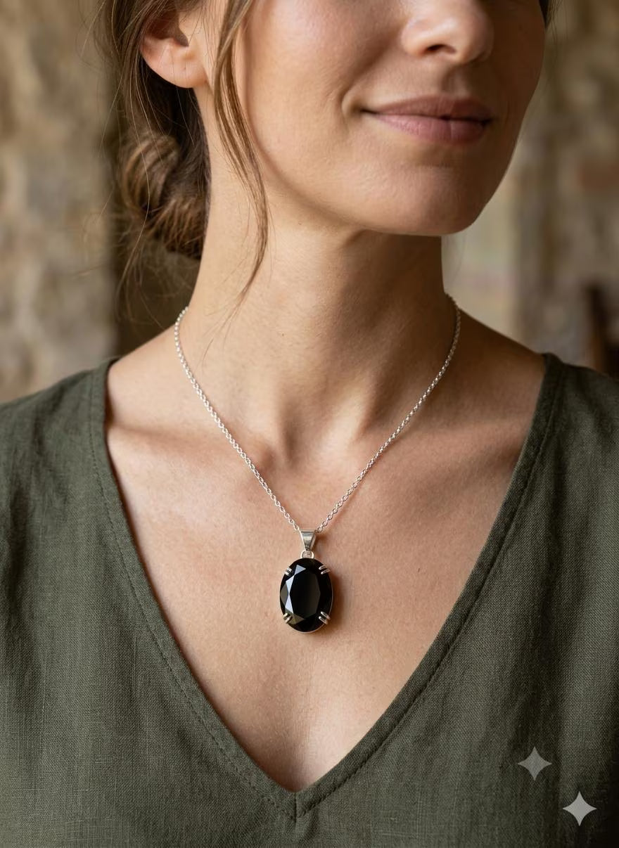 Handcrafted Luxury 925 Silver Pendant, Genuine Black Gemstone Oval Design, Premium Artisan Jewelry