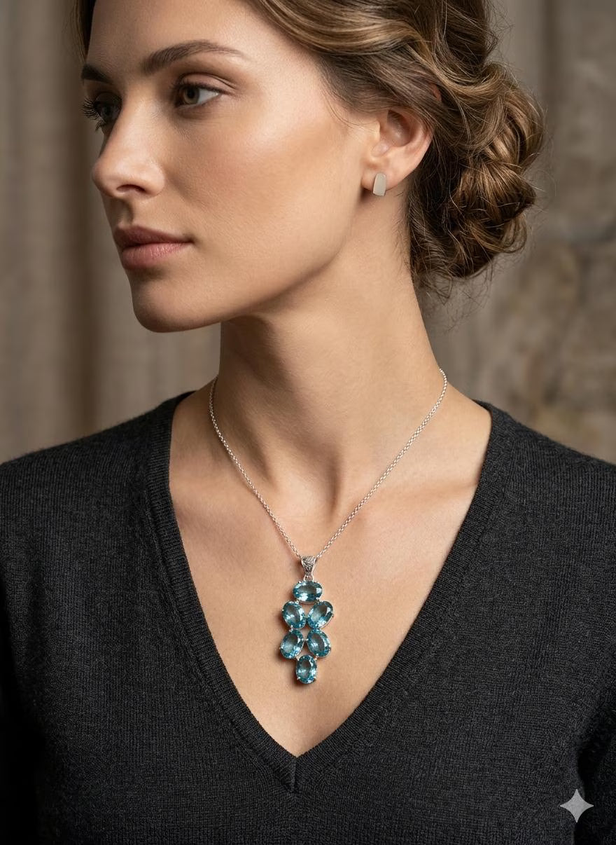 Luxury Minimalist 925 Silver Pendant, Handcrafted Artisan Jewelry with Faceted Blue Stones