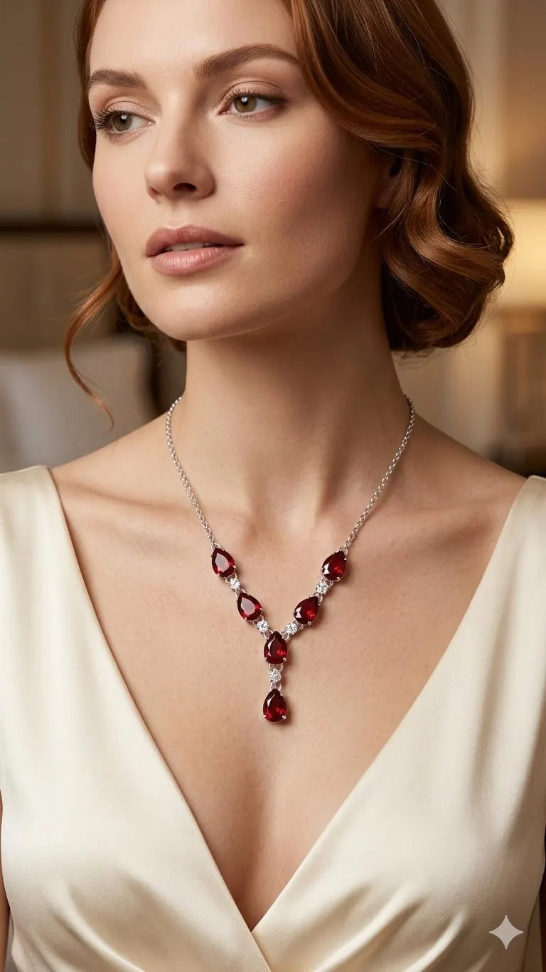 Elegant Teardrop Ruby Red Crystal Statement Necklace