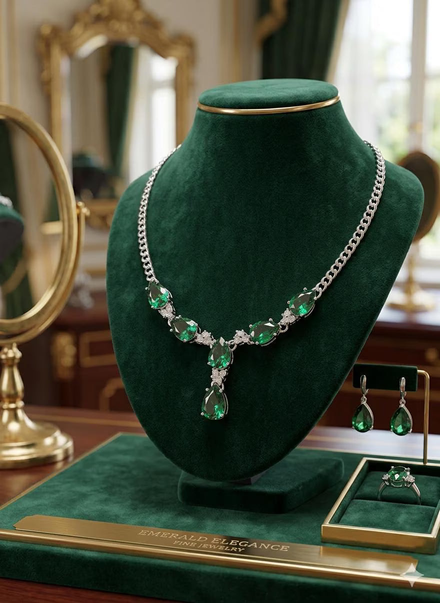 Premium Handcrafted 925 Sterling Silver Necklace with Emerald Green Pear-Cut Stones