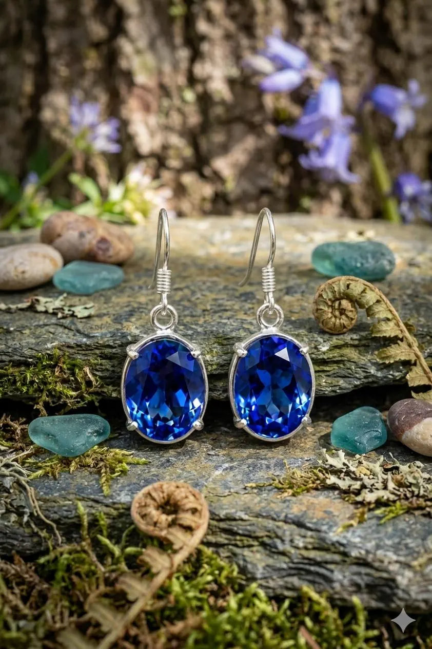 Handcrafted 925 Sterling Silver Blue Sapphire Crystal Dangle Earrings | Luxury Gift for Women