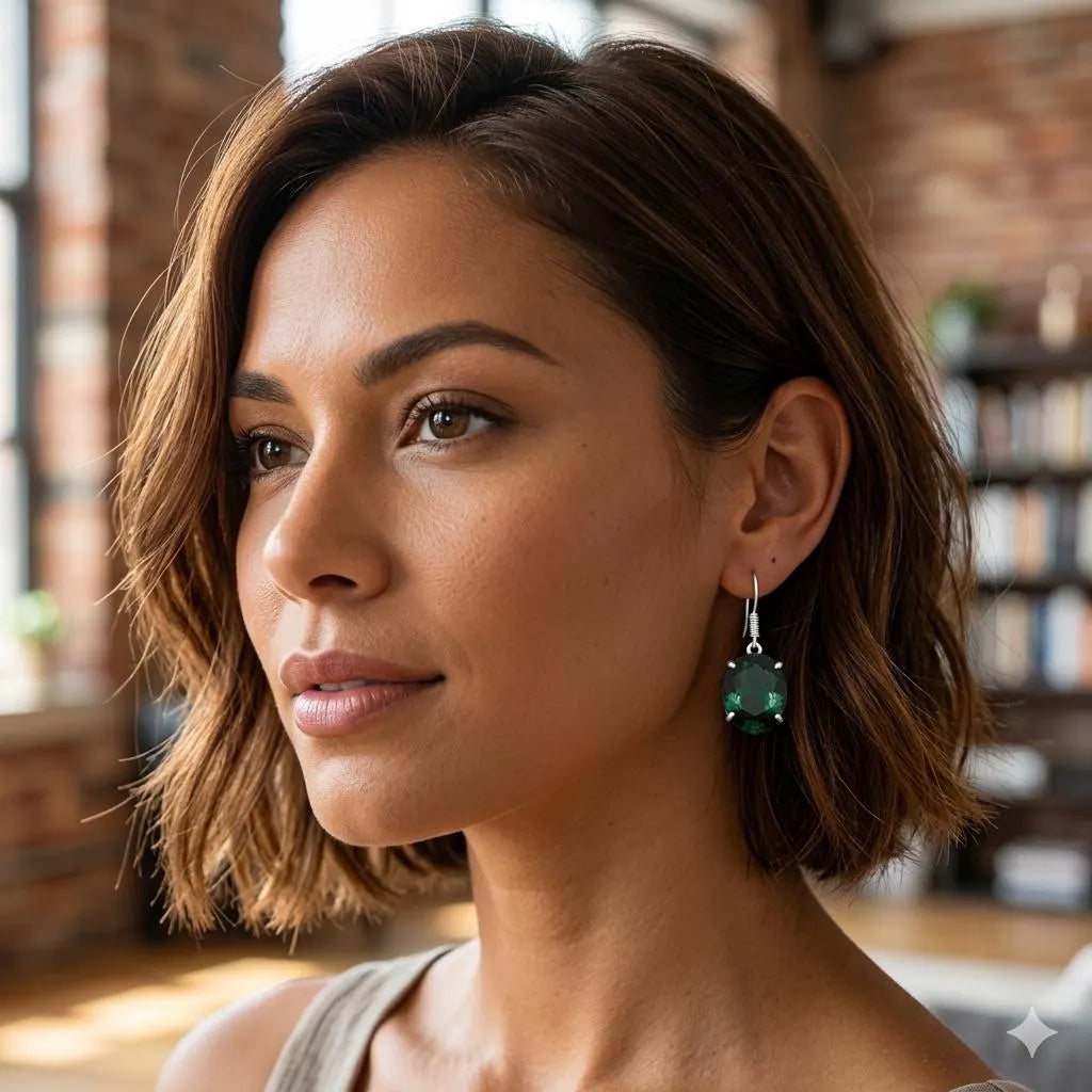 Premium Handcrafted Luxury Genuine 925 Sterling Silver Emerald Green Crystal Dangle Earrings