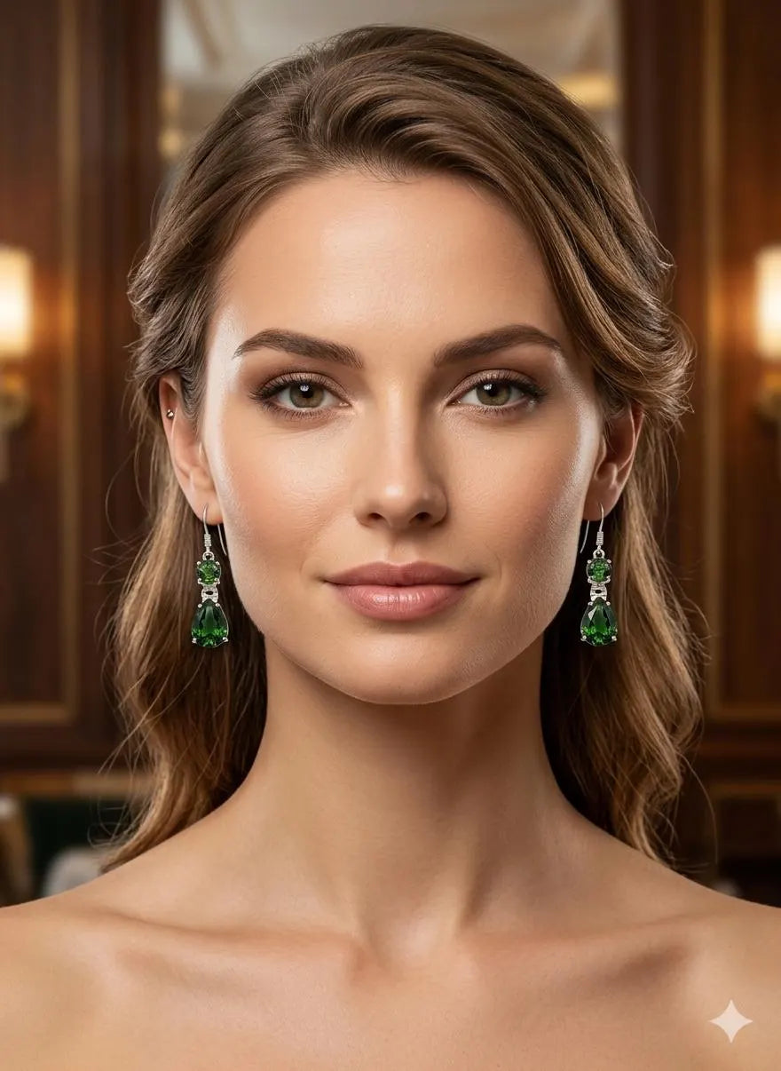 Handcrafted 925 Sterling Silver Drop Earrings with Deep Green Gemstones – Elegant Luxury Jewelry