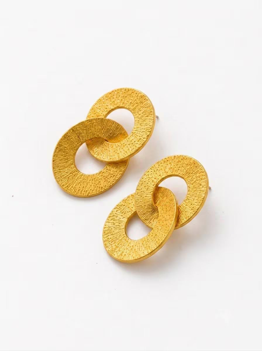 Minimalist Gold Double Circle Dangle Earrings, Textured Statement Earrings, Geometric Drop Earrings, Handmade Gold Disc Earrings, Modern Jewelry Gift for Her