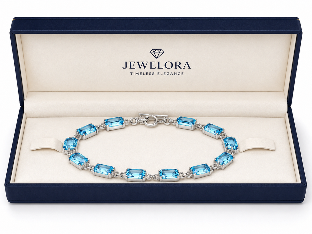 Premium Handcrafted Swiss Blue Topaz Bracelet, Genuine 925 Sterling Silver Bracelet, Emerald Cut Gemstone Tennis Bracelet, Luxury Gift for Her