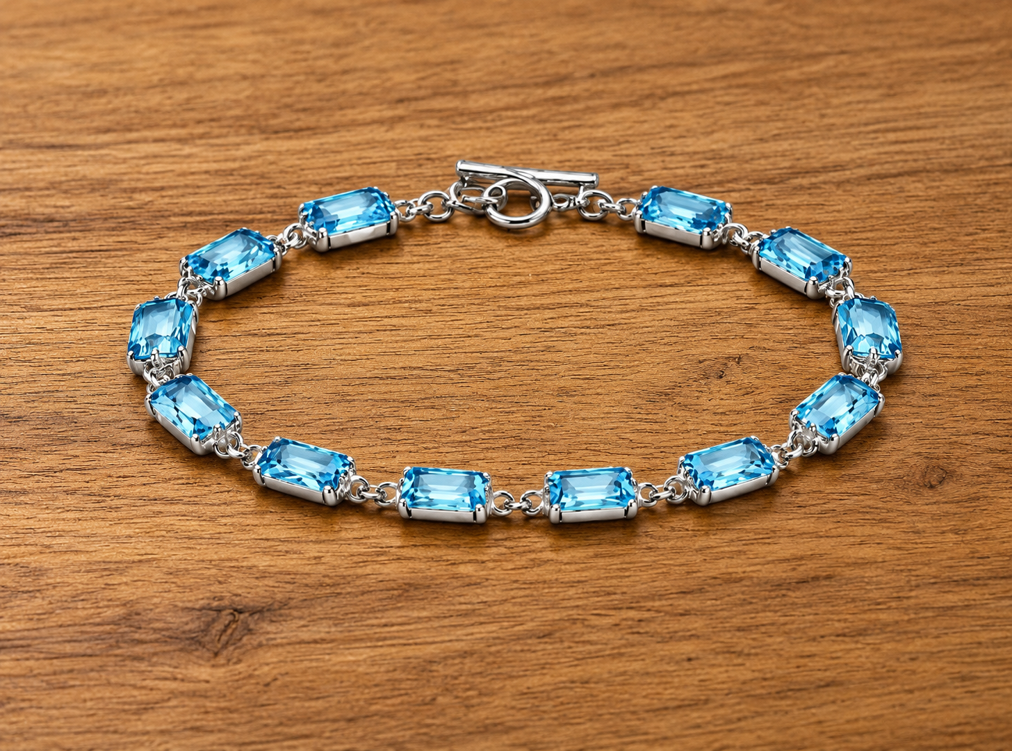 Premium Handcrafted Swiss Blue Topaz Bracelet, Genuine 925 Sterling Silver Bracelet, Emerald Cut Gemstone Tennis Bracelet, Luxury Gift for Her